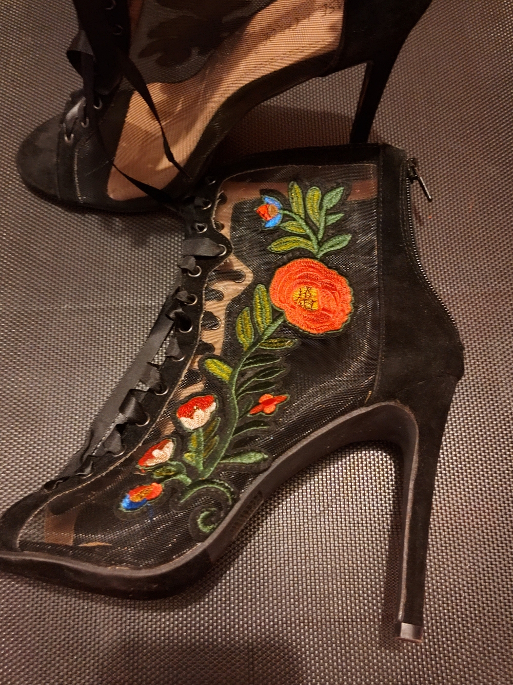 Black Sheer Lace-Up Stiletto Boots with Floral Embroidery